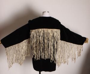 1950s Black Velvet Cream Leather Fringe Sleeves and Back Long Sleeve Western Shirt Costume - 3XL - Fashionconservatory.com