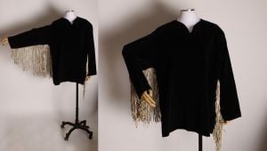 1950s Black Velvet Cream Leather Fringe Sleeves and Back Long Sleeve Western Shirt Costume - 3XL