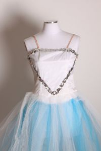 1950s Blue and White Silver Sequin Detail Elastic Strap Romper Ballerina Showgirl Burlesque Costume - Fashionconservatory.com