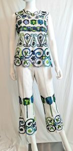 1960s Mr Dino Two Piece Lurex Floral Psychedelic Print Hostess Outfit Capri Cropped Pant