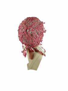 1920s boudoir cap sleeping hat pink crocheted with ribbon and netting - Fashionconservatory.com