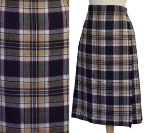 1970s Wool Plaid Pleated Wrap Skirt, Made in Scotland, Fringed Front, Leather Waist Buckles, Medium