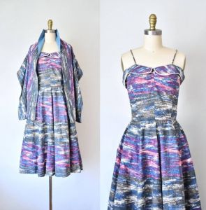 Riviera 1950s dress and stole, 50s cotton dress, novelty print summer dress, shawl, vintage clothing