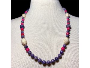 Vintage Purple Pink Jasper Stone Bead Necklace Porcelain Hand Knotted 25''