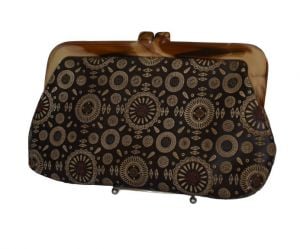 1970s Tooled Brown Leather Clutch Purse Two Tone Brown Stamped Embossed, Swirled Lucite Frame - Fashionconservatory.com