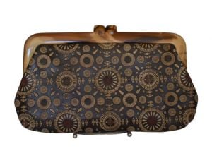 1970s Tooled Brown Leather Clutch Purse Two Tone Brown Stamped Embossed, Swirled Lucite Frame