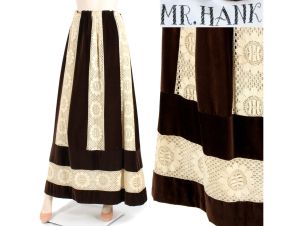 Vintage 1970s Mr. Hank Brown Velvet Lace Cottagecore Prairie Maxi Skirt 70s | L/XL
