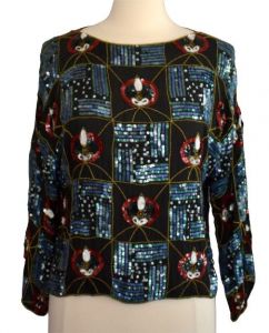 90s Sequined Black Silk Blouse, Art Deco Style 3-D Sequin Top, Designer Jennifer George New York - Fashionconservatory.com