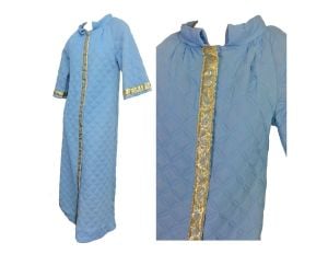 Vintage 60s Blue Quilted Nylon Robe Housecoat Dressing Gown Gold Metallic Trim | S/M