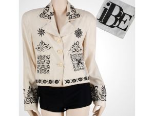Vintage Y2K Size 4 Cream Silk Black Embroidered Boxy Crop Top Shirt or Jacket| S to L