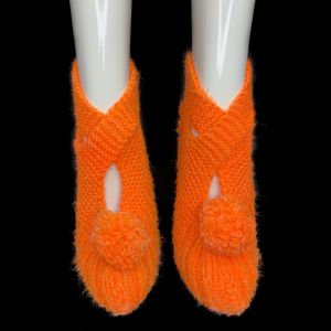 Vintage 50s Bright Orange Crochet Knit Soft Sole Pom Pom Bootie Slippers | Fits Sizes 6-9 - Fashionconservatory.com