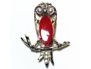 Vintage 1960s Owl Red Jelly Belly Rhinestone MCM Brooch Mid Century Modern