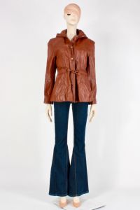 Vintage 1960s Sears Jr Bazaar Rust Orange Leather Jacket Coat Belted Hood 60s | S/M - Fashionconservatory.com