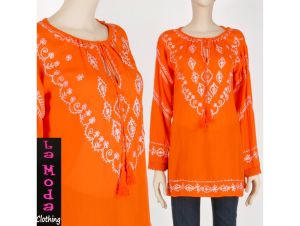 Vintage DEADSTOCK Y2k La Moda Orange Embroidered Tunic Shirt Top Hippie Boho | M to XL