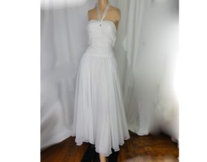 Vintage 50s Prom Dress Wedding Gown Ballgown White Sheer Chiffon Formal | XXS