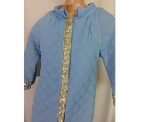 Vintage 60s Blue Quilted Nylon Robe Housecoat Dressing Gown Gold Metallic Trim | S/M - Fashionconservatory.com