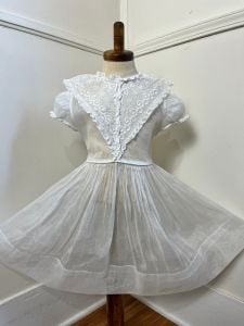 Size 5T | 1950's Vintage Crisp White Cotton Organdy and Eyelet Lace Dress by Celeste New York - Fashionconservatory.com
