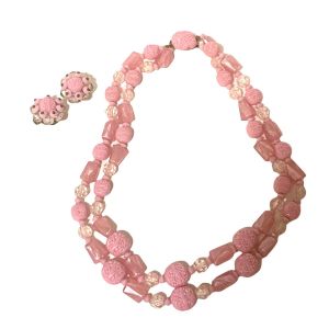 1950’s Mid Century Bubblegum Pink Double Strand Necklace and Earring Set 