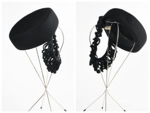 Vintage 40s Frilled Ring Pill Box Tilt Black Felted Wool Winter Hat |New York Creations - Fashionconservatory.com