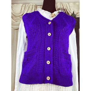 S/ 80’s Indigo Sweater Vest with Wooden Buttons and Pockets, Purple Button Up Sweater Vest