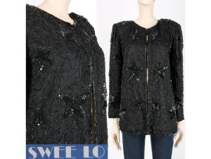 Vintage DEADSTOCK 80s Swee Lo Black Silk Star Beaded Sequin Lightweight Cocktail Jacket Blouse | XL