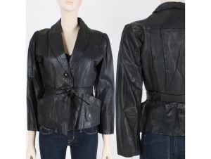 Vintage 1970s Black Leather Jacket Belted Simple Minimal Mod Moto | S/M