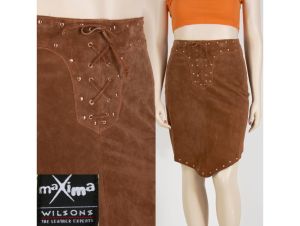Vintage Y2K Maxima Wilsons Leather Brown Suede Asymmetrical Stud Skirt | L 12