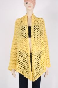 Vintage 1960s Yellow Crochet Open Front Shawl Wrap Poncho Cape Asymmetrical - Fashionconservatory.com