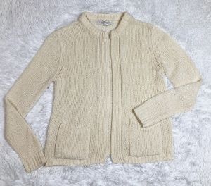 M/ 70’s Cream White Open Sweater with Pockets, Loose Knit Cardigan by Monarch Knits