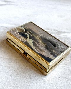 Chokin Japanese damascene music box compact mirror, 50s carryall, vintage makeup case, gift for her
