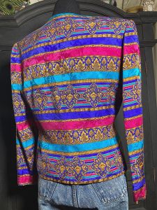M/ 80’s Colorful Baroque Silk Jacket, Gold and Blue Geometric Colorblock Windbreaker by Papell - Fashionconservatory.com