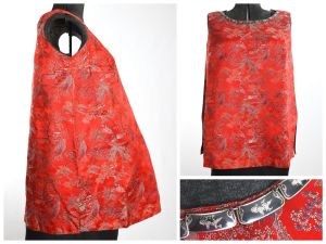 1960s Vintage Early 60s Red Silk Brocade Novelty Print Sleeveless Tent Evening Maternity Shirt XS/S
