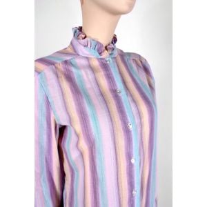 L/XL Vintage 70s Pastel Rainbow Stripe Ruffle Long Sleeve Blouse Top Shirt Accent - Fashionconservatory.com