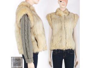 Vintage 1980s Saga Golden Arctic Fox Fur Coat / Vest Zip Out Knit Sleeves 80s