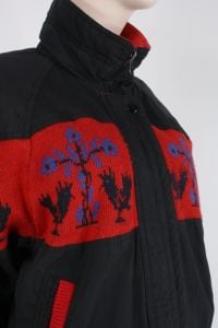 Vintage 80s Reversible Red Black Folk Rooster Knit Puffer Jacket Coat Unisex | XL +/- - Fashionconservatory.com