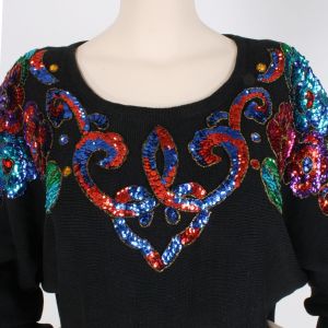 OS Vintage 80s Maggie Lawrence Black Rainbow Sequin Batwing Oversized Pride Sweater Beverly Goldberg - Fashionconservatory.com