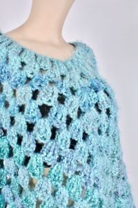 OS Vintage 80s Aqua Blue Soft Fuzzy Crochet Sheer Asymmetrical Poncho Cape - Fashionconservatory.com