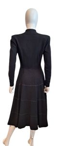 1940s 1950s Black Wool Dress Soutcache RicRac Trimmed Skirt Covered Buttons Day Dress - Fashionconservatory.com