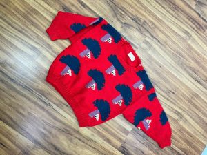 Childrens 6-7 | 1980's Vintage Red Wool Knit Novelty Trees and Bears Hand Knit Sweater