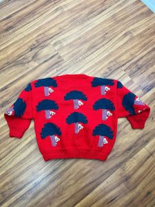 Childrens 6-7 | 1980's Vintage Red Wool Knit Novelty Trees and Bears Hand Knit Sweater - Fashionconservatory.com