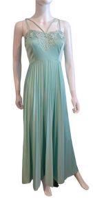 1970s Mint Green Polyester Formal Gown Maxi Dress Pleated Skirt Spaghetti Strap