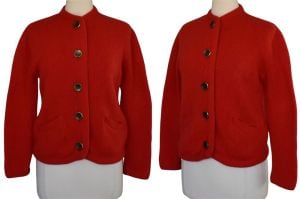 1950s Red Cardigan Sweater, Designer Rosanna Knitted Sportswear, Shetland Wool Rockabilly, S, M - Fashionconservatory.com