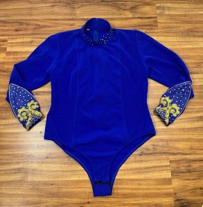 Curvy- Extra Large | 1990's Vintage Blue Jeweled Bodysuit - Fashionconservatory.com