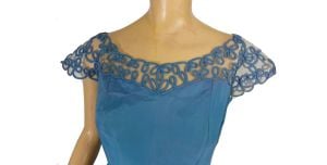 Vintage 1940s-50s Formal Blue Taffeta Ball Gown Art Deco Trim Full Skirt Party Dress - Fashionconservatory.com