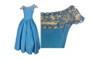 Vintage 1940s-50s Formal Blue Taffeta Ball Gown Art Deco Trim Full Skirt Party Dress