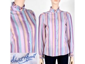 L/XL Vintage 70s Pastel Rainbow Stripe Ruffle Long Sleeve Blouse Top Shirt Accent
