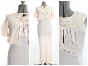 1940s Nightgown Set | Medium | Vintage Late 30s 40s Pink Lace Bed Jacket Set | Keyhole Bodice
