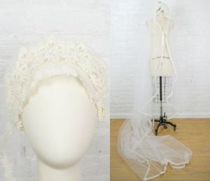 1950s long cathedral wedding veil with floral lace tiara
