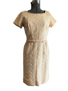 1960s Leslie Fay Gold Embroidered Short Sleeved Dress