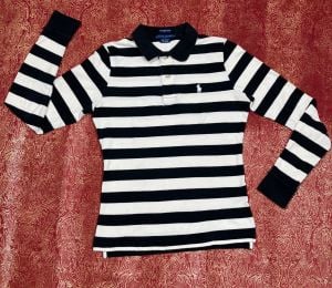 S/ Black and White Striped Ralph Lauren Polo Shirt, The Skinny Polo, Long Sleeve Cotton Shirt